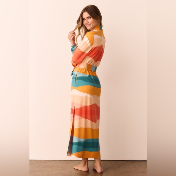 NWOT Mason Grey Skyler Banded Long Robe in Sunset, Size Small - Picture 4 of 9